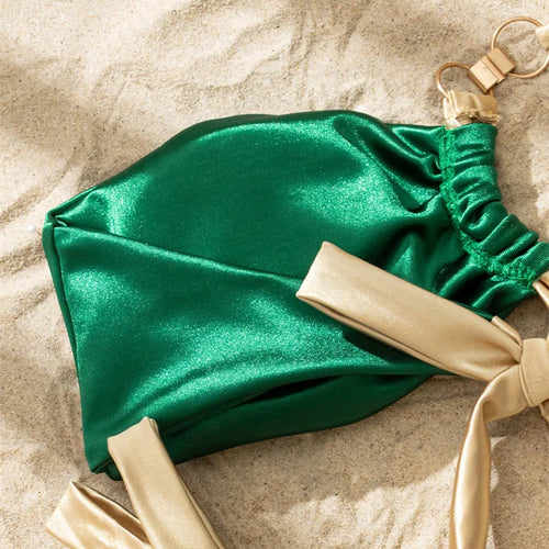 Load image into Gallery viewer, Green Gold Bikini 2023 Sexy One Shoulder Bandeau Swimwear Women Brazilian Swimsuit Thong Biquini Bandage Bathing Suit
