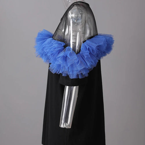 Load image into Gallery viewer, Women Black Mesh Perspective Ruffles Big Size Long T-shirt New Round Neck Short Sleeve Fashion Spring Summer 2025 CPG3036
