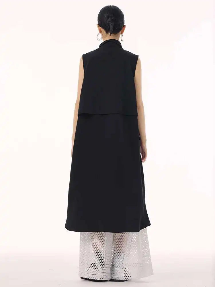Women Black Shaped Pockets Big Size Midi Shirt Vest Dress New Lapel Sleeveless Fashion Tide Spring Autumn 2025 1DH9471