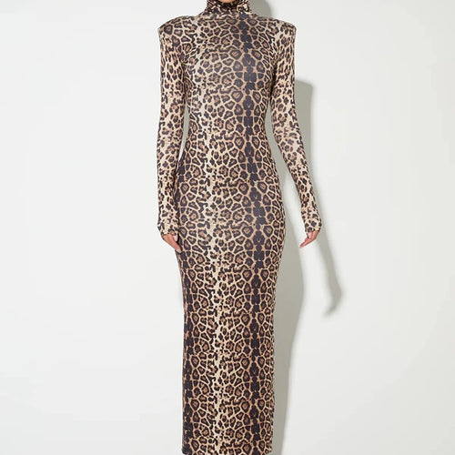 Load image into Gallery viewer, Leopard Print Long Sleeve Sexy Maxi Dress For Women Autumn Winter Fashion Elegant Turtleneck Printed Bodycon Long Dress
