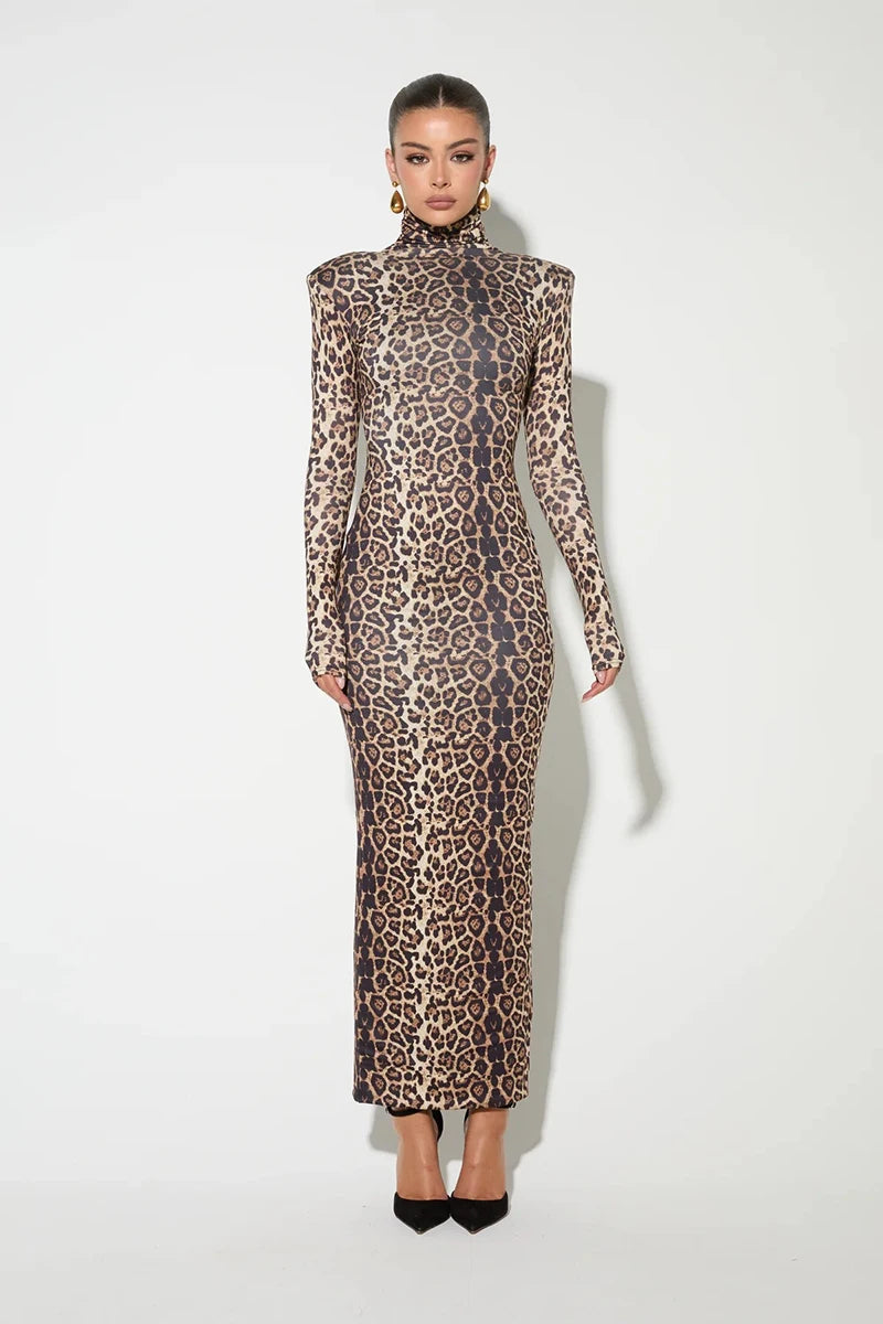 Leopard Print Long Sleeve Sexy Maxi Dress For Women Autumn Winter Fashion Elegant Turtleneck Printed Bodycon Long Dress