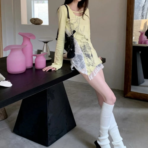 Load image into Gallery viewer, Irregular Lace Patchwork Women Y2k Aesthetic Tops Streetwear Cartoon Printing Slim Fit T-shirt 2025 Harajuku Grunge Fairy Tops
