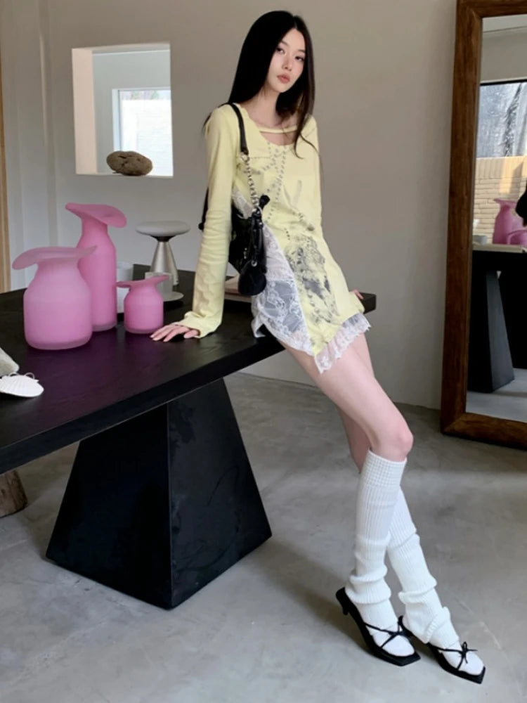 Irregular Lace Patchwork Women Y2k Aesthetic Tops Streetwear Cartoon Printing Slim Fit T-shirt 2025 Harajuku Grunge Fairy Tops