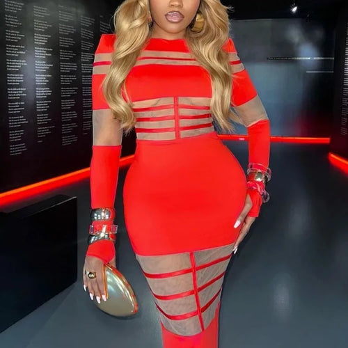 Load image into Gallery viewer, Elegant Long Sleeve Mesh Patchwork Bodycon Party Evening Dress Women Elastic Tight Autumn/Winter New 2024 Vestido Female
