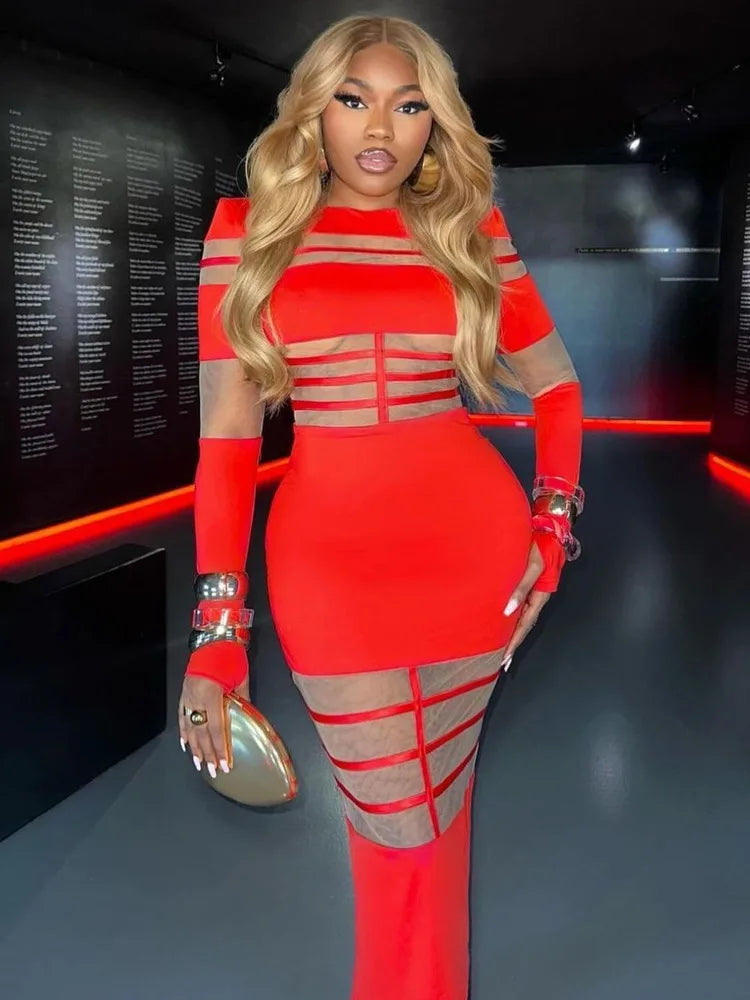 Elegant Long Sleeve Mesh Patchwork Bodycon Party Evening Dress Women Elastic Tight Autumn/Winter New 2024 Vestido Female