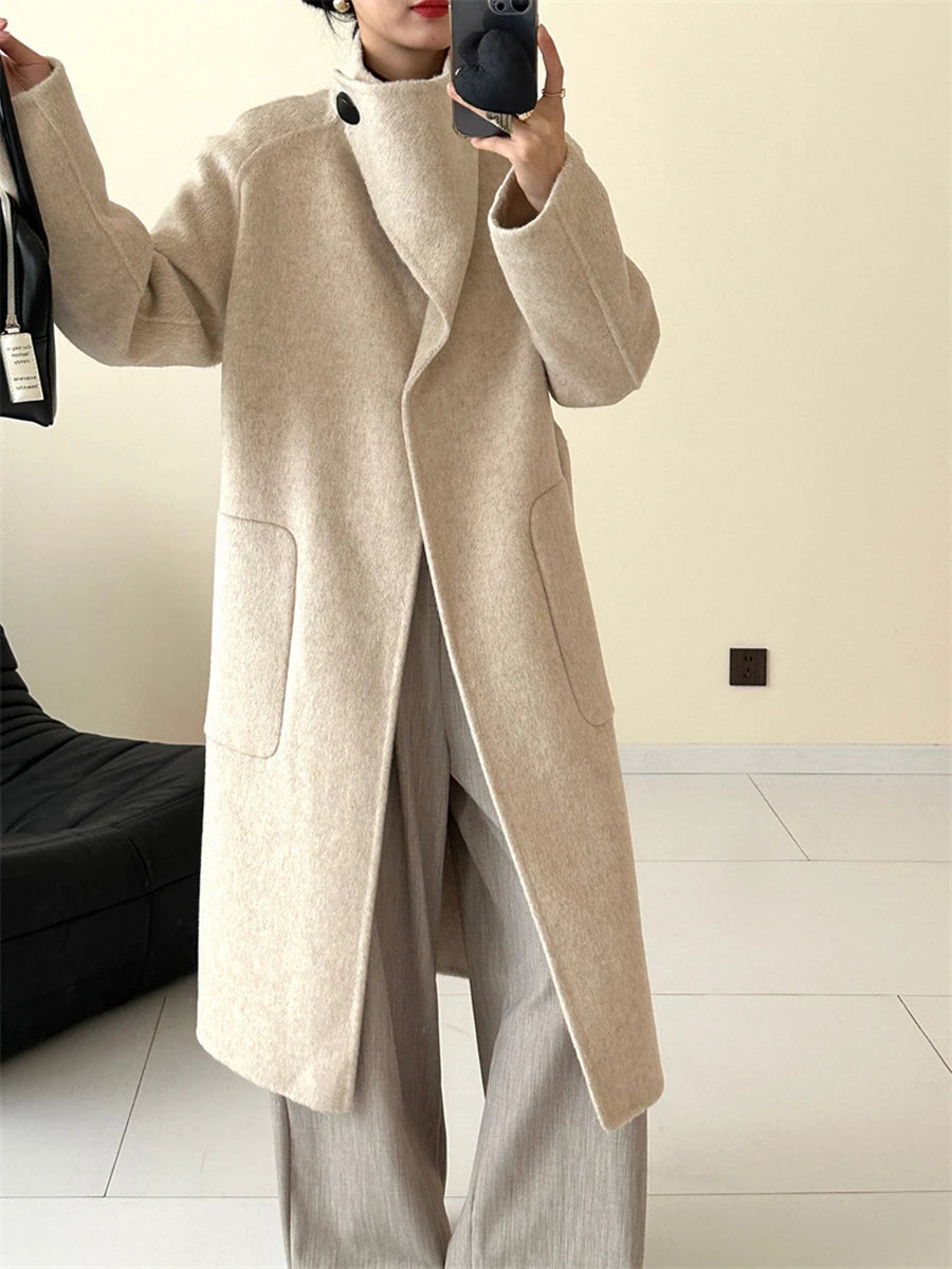 Solid Loose Patchwork Pocket Overcoat For Women Stand Collar Long Sleeve Spliced Button Minimalist Long Coat Female