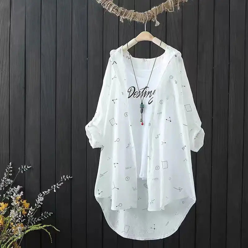 Women's Shirts Hooded Sunscreen Long Sleeved Shirt Female Top Summer New Coat Medium Long Jacket Thin Printed Blouse