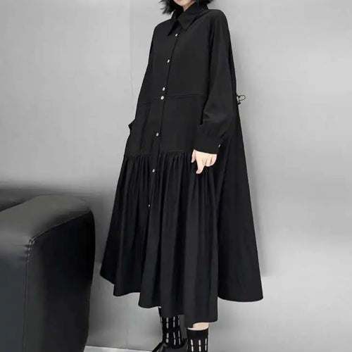Load image into Gallery viewer, Women Black Big Size Elegant Shirt Dress Brief Pleated Hem New Lapel Long Sleeve Fashion Tide Spring Autumn 2025 1DH9327
