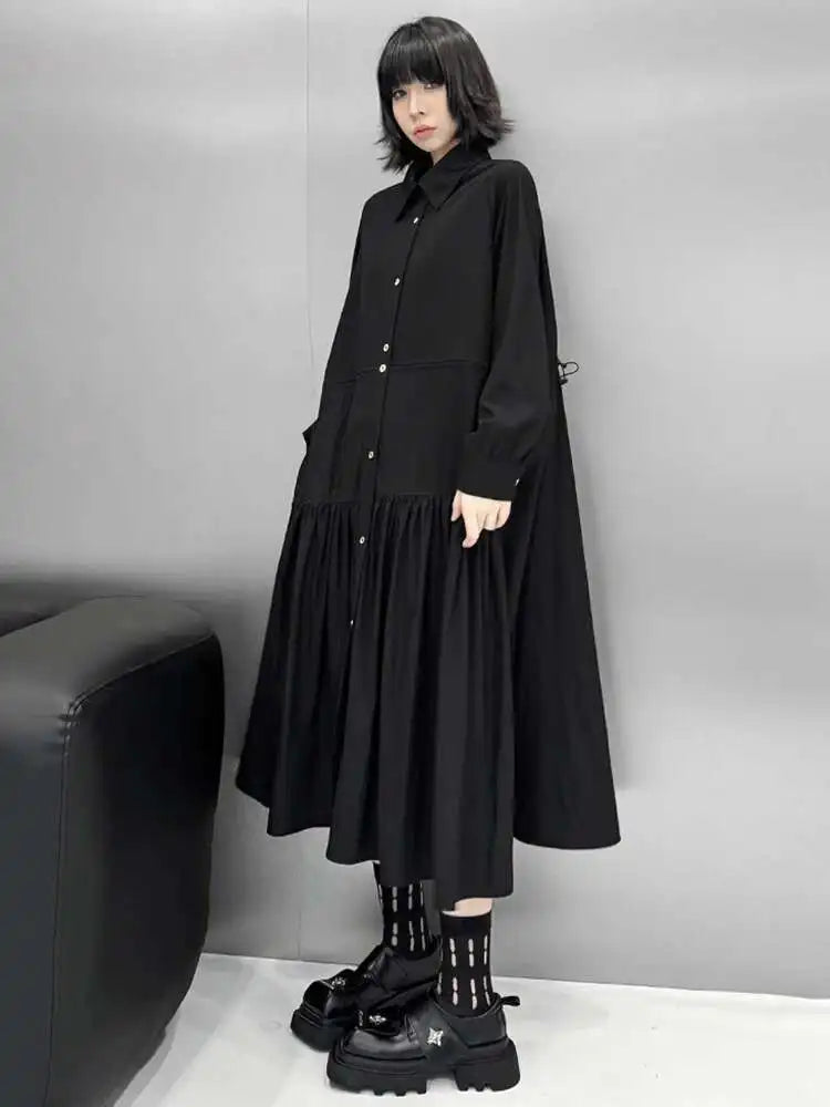 Women Black Big Size Elegant Shirt Dress Brief Pleated Hem New Lapel Long Sleeve Fashion Tide Spring Autumn 2025 1DH9327