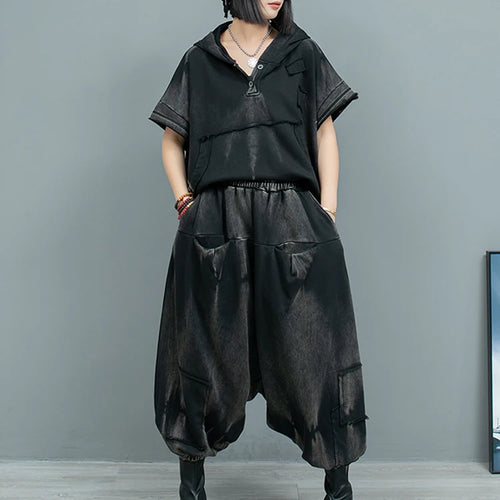 Load image into Gallery viewer, Big Size Sweatshirt Cross Pants Two Piece Suit New Hooded Short Sleeve Women Fashion Tide Spring Autumn 2025  1DH9474
