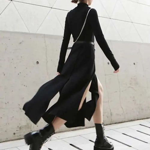 Load image into Gallery viewer, Women Red Hem Slit Long Irregular Dress New Turtleneck Long Sleeve Loose Fit Fashion Tide Spring Autumn 2025 1DF4817
