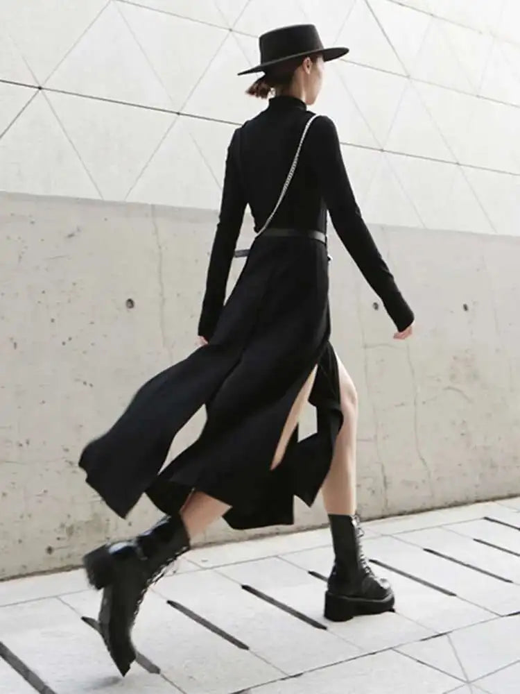 Women Red Hem Slit Long Irregular Dress New Turtleneck Long Sleeve Loose Fit Fashion Tide Spring Autumn 2025 1DF4817