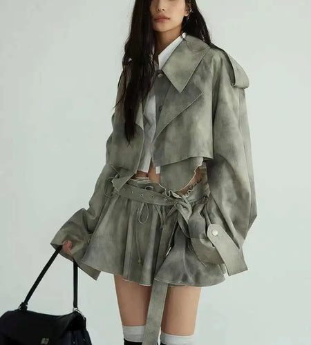 Gray Big Size Jacket Half-body Skirt Two Pieces Suit New Lapel Long Sleeve Women Fashion Tide Spring Autumn 2025 1DH7068