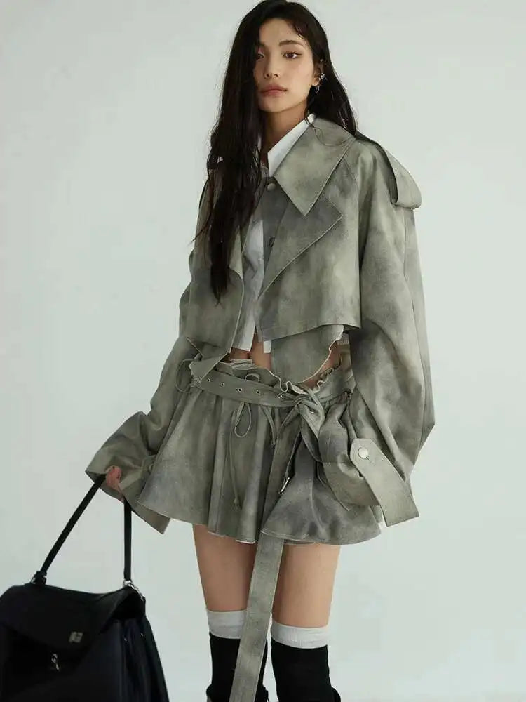Gray Big Size Jacket Half-body Skirt Two Pieces Suit New Lapel Long Sleeve Women Fashion Tide Spring Autumn 2025 1DH7068