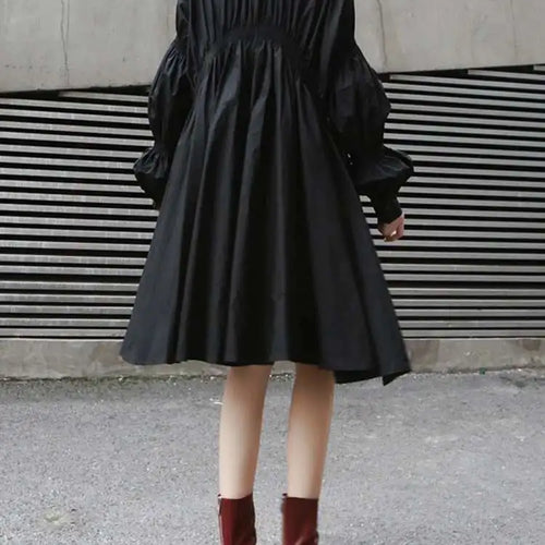 Load image into Gallery viewer, Women Blue Irregular Pleated Big Hem Shirt Dress New Stand Neck Long Sleeve Loose Fashion Tide Spring Autumn 2025 1DF9549
