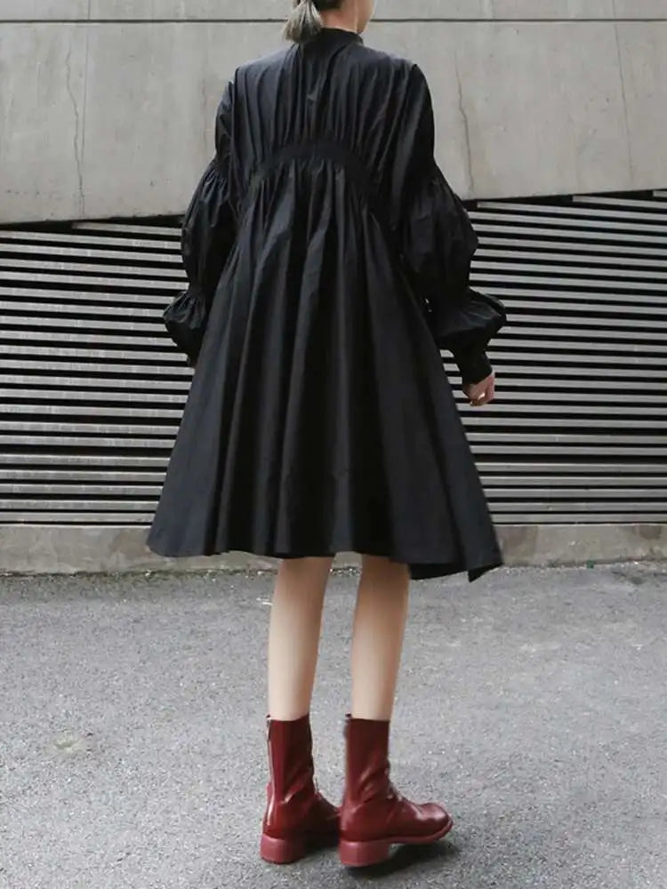 Women Blue Irregular Pleated Big Hem Shirt Dress New Stand Neck Long Sleeve Loose Fashion Tide Spring Autumn 2025 1DF9549