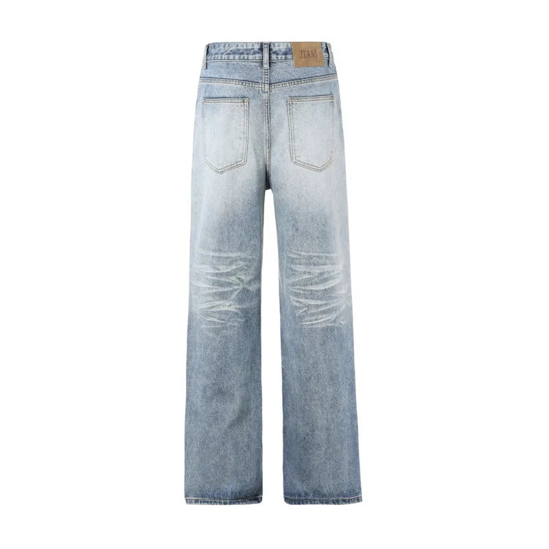 Men's Jeans Washed Denim Pants New American High Street Messy Cat Whiskers Stylish Baggystraight Style Trousers 9W1550