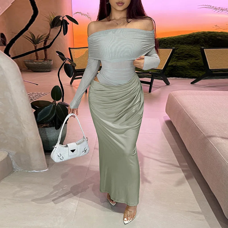 Off-shoulder Mesh See Through Sexy Maxi Dress For Women Elegant Strapless Long Sleeve Backless Bodycon Club Party Dress