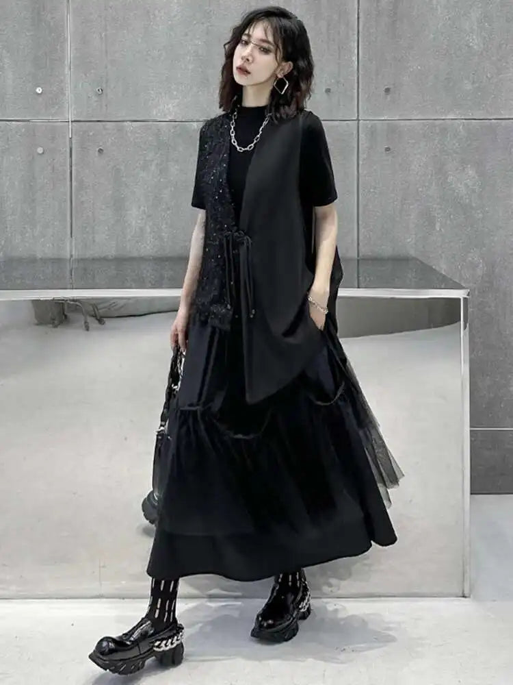 High Elastic Waist Black Mesh String Irregular A-line Half-body Skirt Women Fashion Tide New Spring Autumn 2025 1DH9575