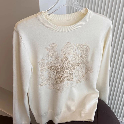 Load image into Gallery viewer, High Quality Women&#39;s Knitted Sweater Round Neck Loose Star Embroidery Knit Pullover Korean Fashion Long Sleeve Casual Jump C-016

