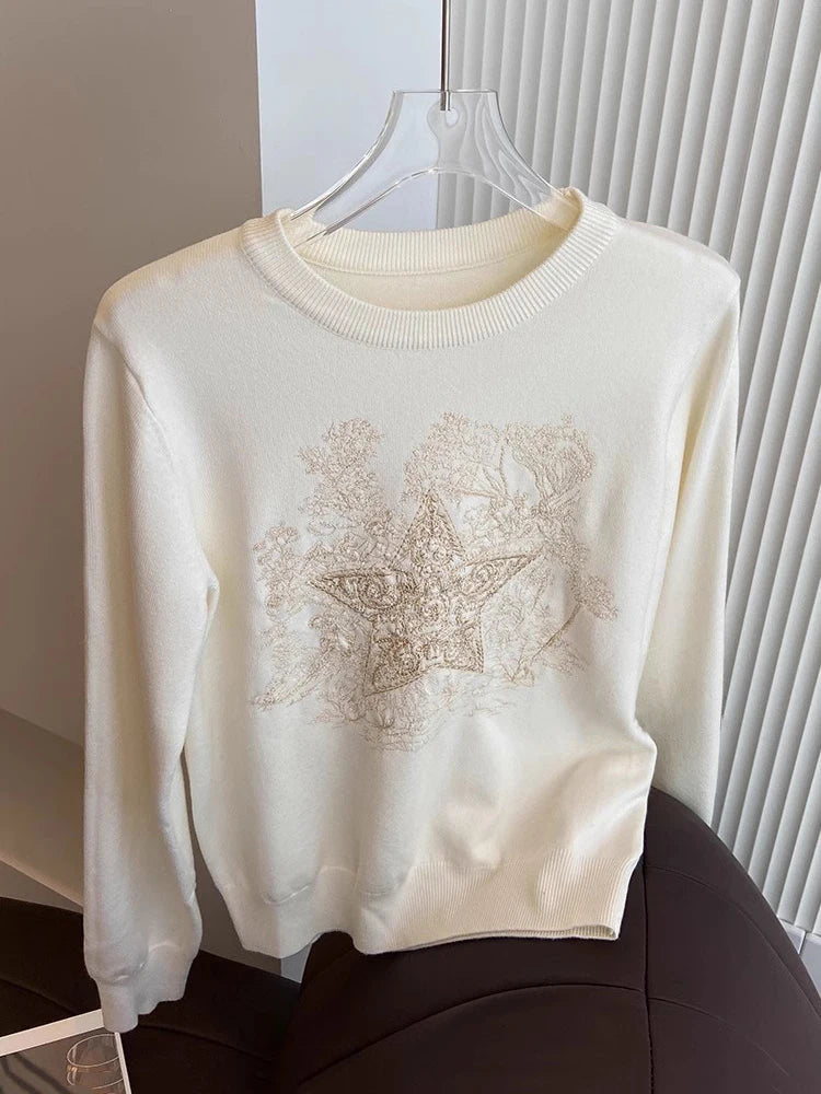 High Quality Women's Knitted Sweater Round Neck Loose Star Embroidery Knit Pullover Korean Fashion Long Sleeve Casual Jump C-016