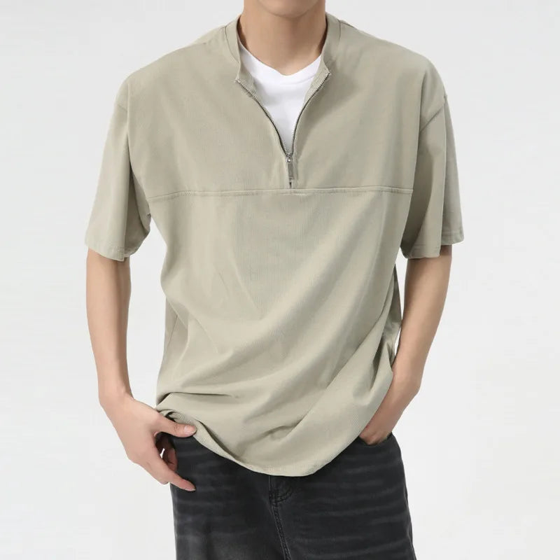 Patchwork Fake Two-Piece Men's T-shirts Loose Half Zipper Round Neck Short Sleeve Male Top Summer Trend 9C6157