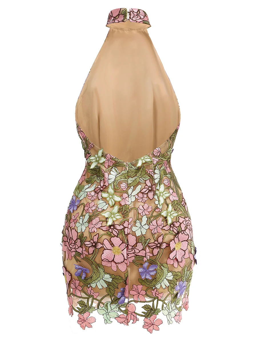 Hit Color Slimming Spliced Embroidery Dresses for Women Halter Sleeveless Backless High Waist Dress Female Clothing
