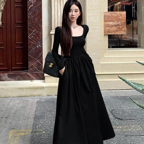 Load image into Gallery viewer, Beige Square Neck Elegant Pleated Dress Women Black Long Sleeve Party Fairy Dress Vintage Autumn 2023 Korean Fashion Popular New
