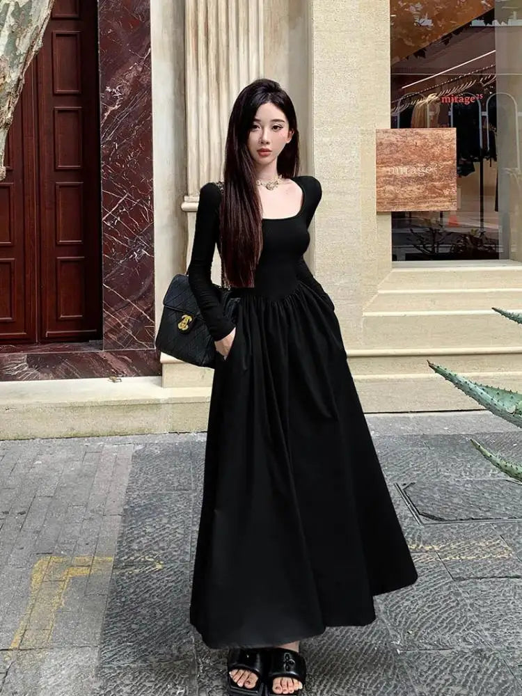 Beige Square Neck Elegant Pleated Dress Women Black Long Sleeve Party Fairy Dress Vintage Autumn 2023 Korean Fashion Popular New