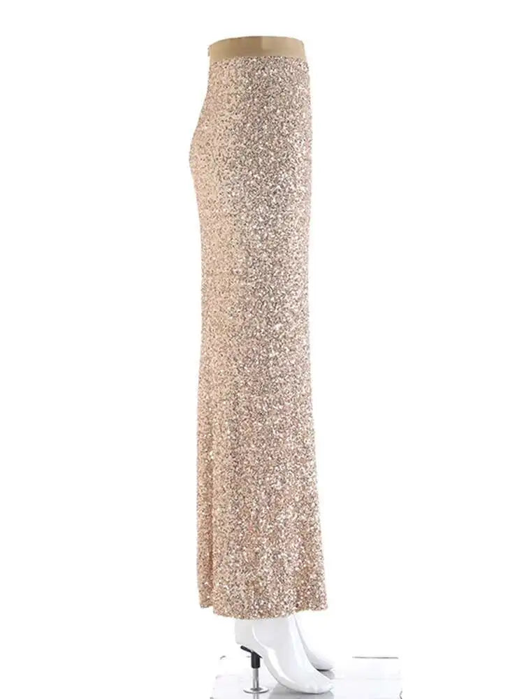 High Elastic Waist Khaki Sequins Elegant Long Party Half-body Skirt Women Fashion Tide New Spring Autumn 2025 1DH9406