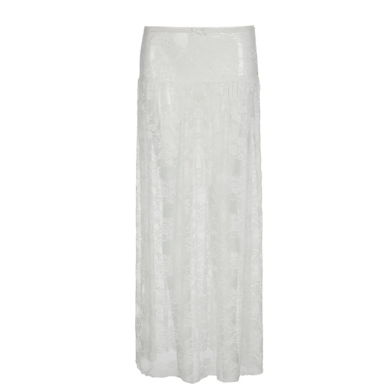 Fashion Sexy White Lace Skirt See Through Outfits Bow Solid Clubwear Loose Y2K Hot Holidays Long Skirt Women Bottoms