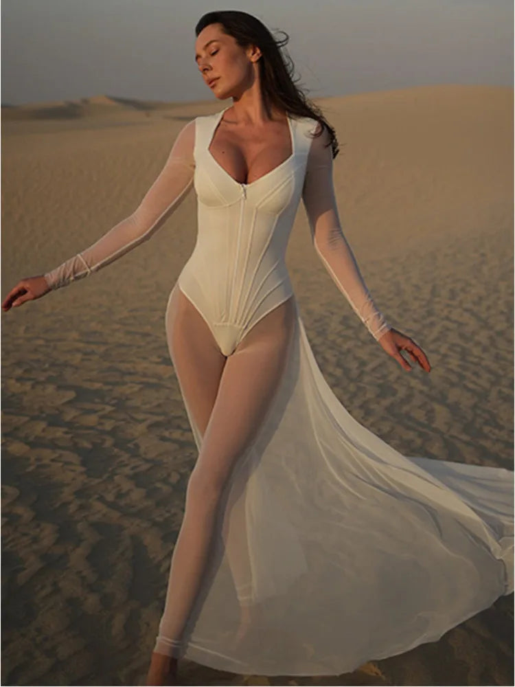 Sexy Mesh Perspective Long Sleeved Pants Women's Jumpsuit 2024 Summer Tight Jumpsuit V-neck Jumpsuit Vacation Beachwear