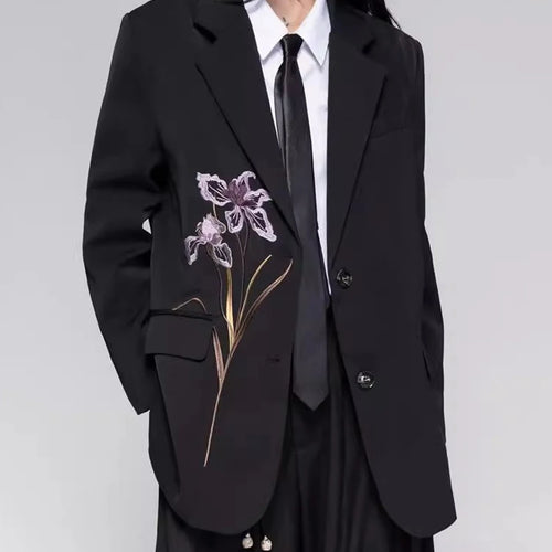 Load image into Gallery viewer, Solid Loose Spliced Embroidery Elegant Blazers for Women Lapel Long Sleeves Patchwork Buttons Blazer Female Fashion
