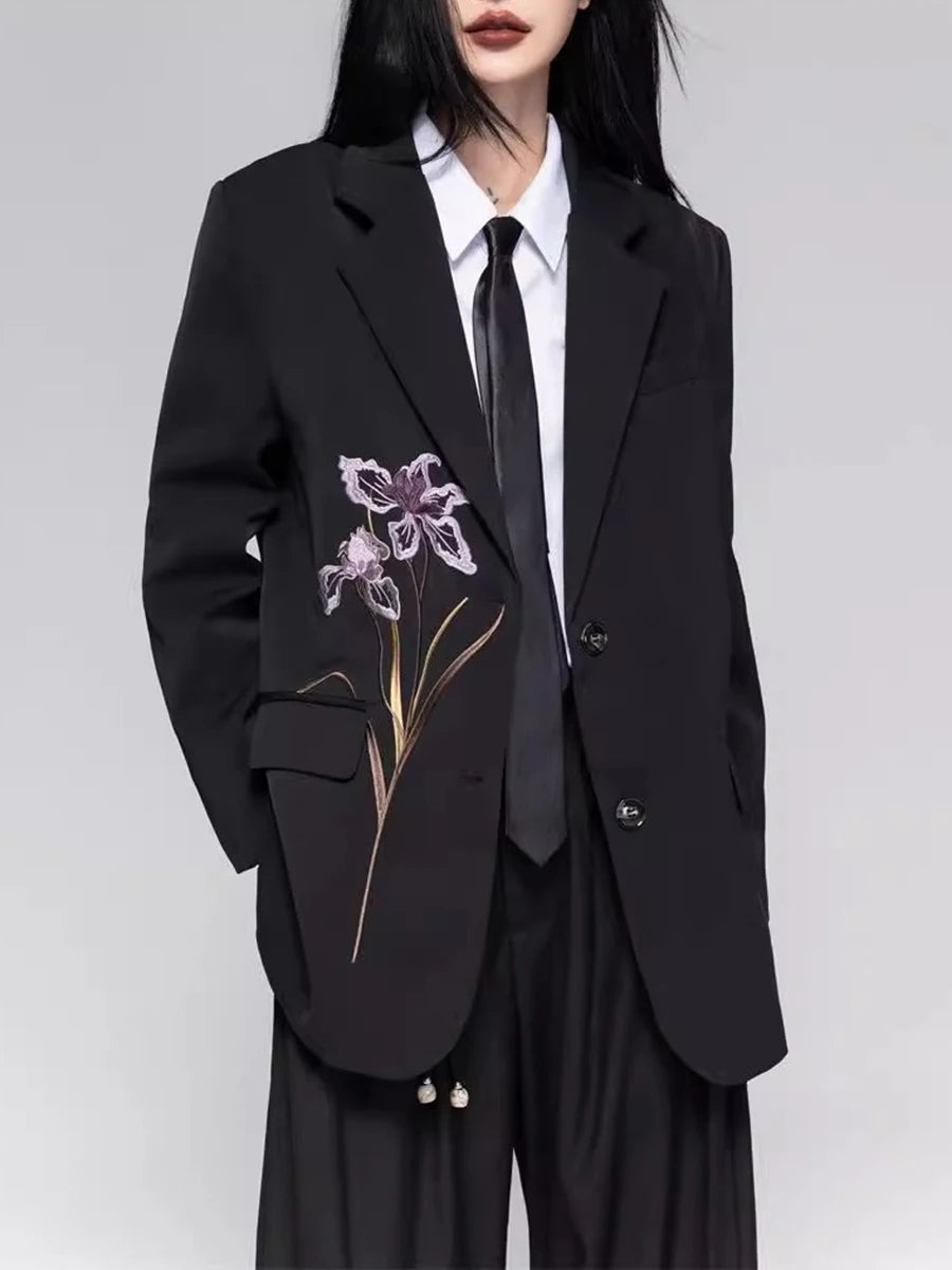 Solid Loose Spliced Embroidery Elegant Blazers for Women Lapel Long Sleeves Patchwork Buttons Blazer Female Fashion