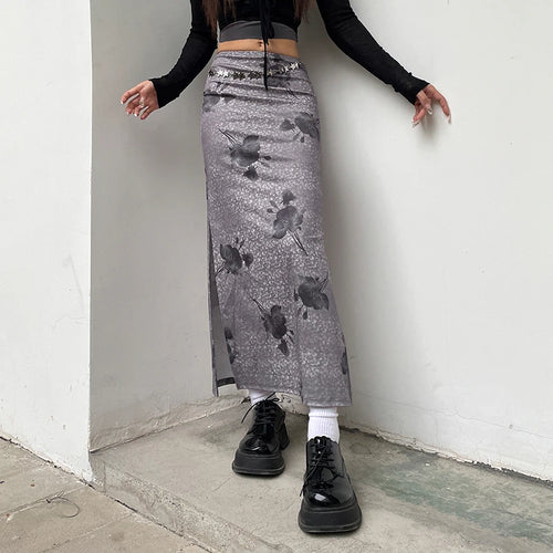 Load image into Gallery viewer, Vintage Flowers Printing Long Skirt Tie Dye Slim Side Slit 2000s Aesthetic Y2K Women Skirts Holidays Grunge Clothing
