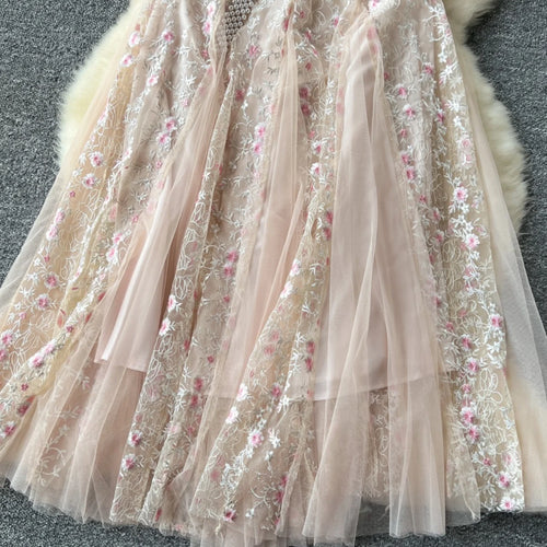 Load image into Gallery viewer, French Vintage Ladies Fashion Round Neck Pink Embroidery Floral Lace Long Dress Autumn Slim Evening Party Ruffles Princess Dress
