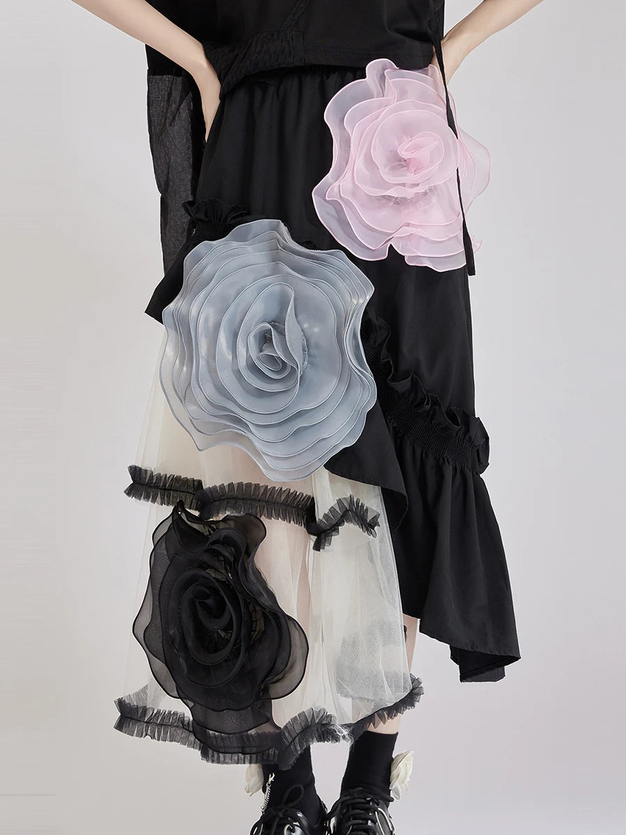 Hit Color Sheer Spliced Mesh Irregular Skirts for Women High Waist Patchwork 3D Flower Design Sense Skirt Female