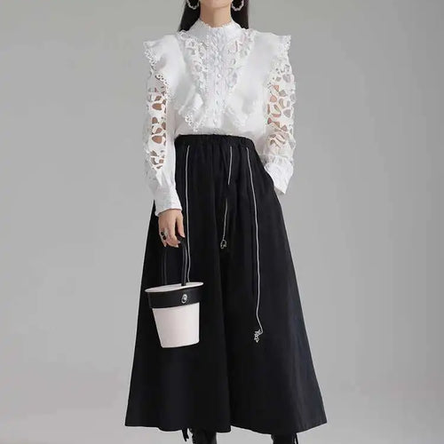 Load image into Gallery viewer, Women White Hollow Out Embroidery Vintage Blouse New Stand Collar Long Sleeve Shirt Fashion Spring Autumn 2025 1DH3997
