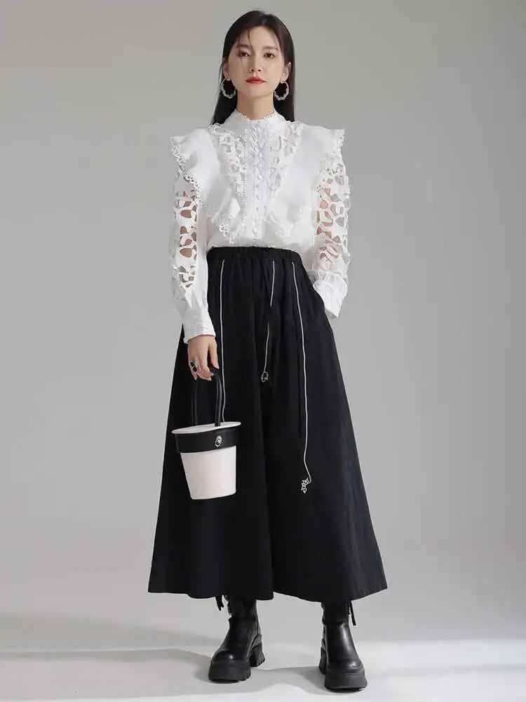 Women White Hollow Out Embroidery Vintage Blouse New Stand Collar Long Sleeve Shirt Fashion Spring Autumn 2025 1DH3997