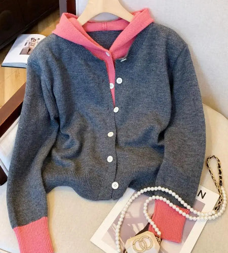 Korean Style Women's Patchwork Elegant Long Sleeve Knitted Tops Autumn Winter Vintage Single Breasted Hooded Sweater 2024 Trendy