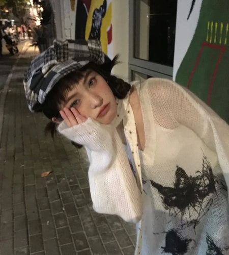 Harajuku Vintage Grunge Butterfly Printing Pullovers Women Y2k Aesthetic See Through Jumpers Streetwear Girl Oversized Sweaters