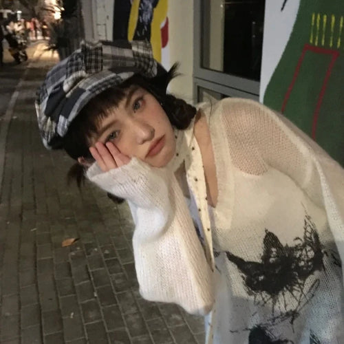 Load image into Gallery viewer, Harajuku Vintage Grunge Butterfly Printing Pullovers Women Y2k Aesthetic See Through Jumpers Streetwear Girl Oversized Sweaters
