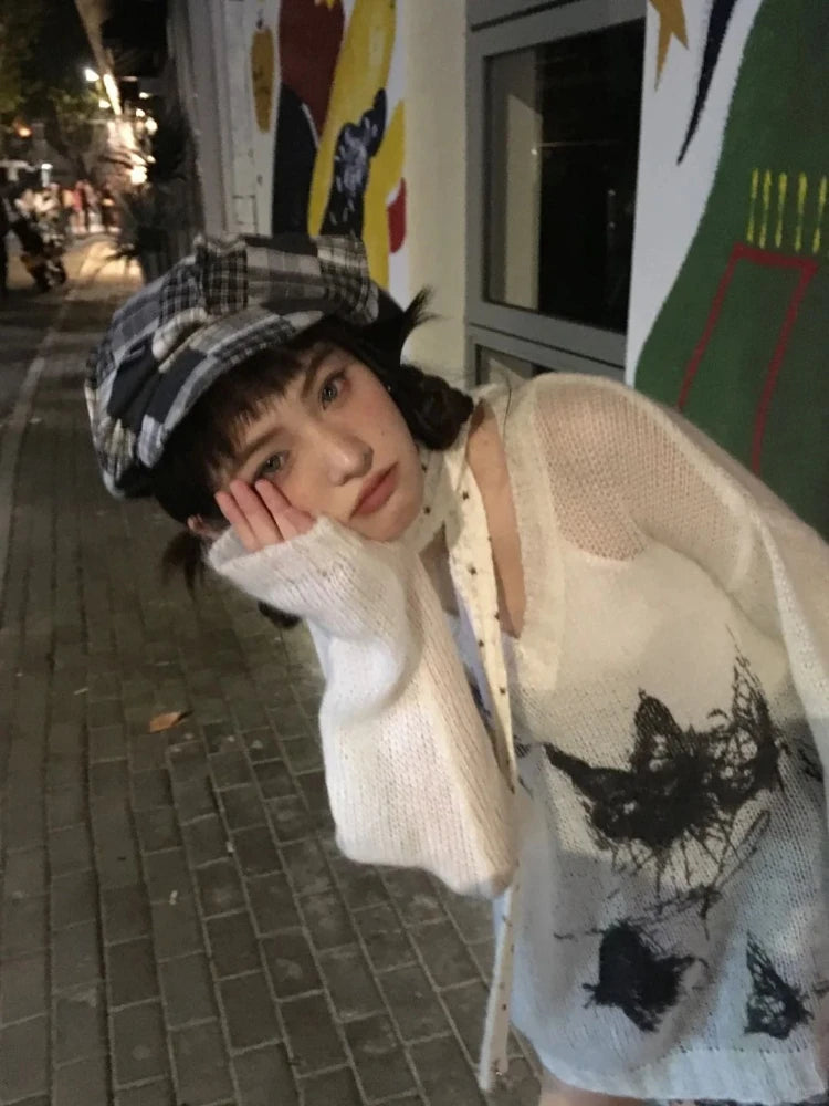 Harajuku Vintage Grunge Butterfly Printing Pullovers Women Y2k Aesthetic See Through Jumpers Streetwear Girl Oversized Sweaters