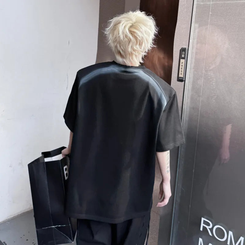 Summer New T-shirts Spray Painted Nail Bead Decoration Loose Round Neck Men's Short Sleeve T-shirt Patchwork Tees 9W1497