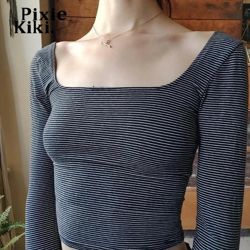 Load image into Gallery viewer, Y2k Striped Backless Crop Tops Women 2024 Autumn Winter Basic T Shirts Square Neck Long Sleeve Tees P77-AG10
