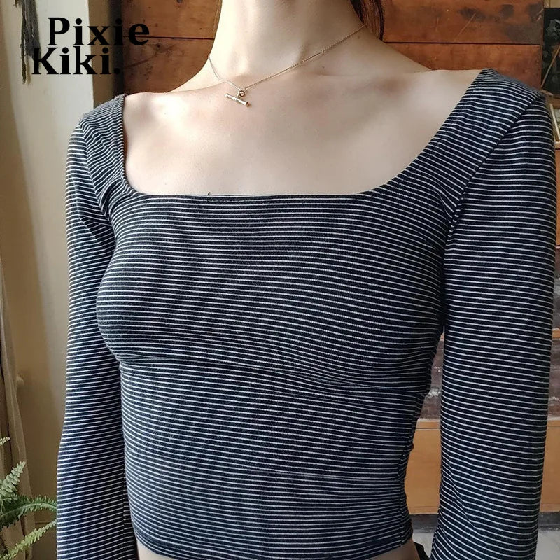 Y2k Striped Backless Crop Tops Women 2024 Autumn Winter Basic T Shirts Square Neck Long Sleeve Tees P77-AG10