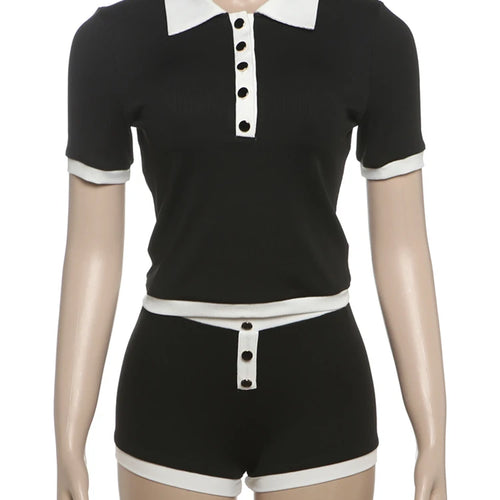 Load image into Gallery viewer, Sporty Casual 2 piece Set Women Tracksuit Hipster Polo Neck Crop Tops+Button Shorts Matching Skinny Stretch Streetwear
