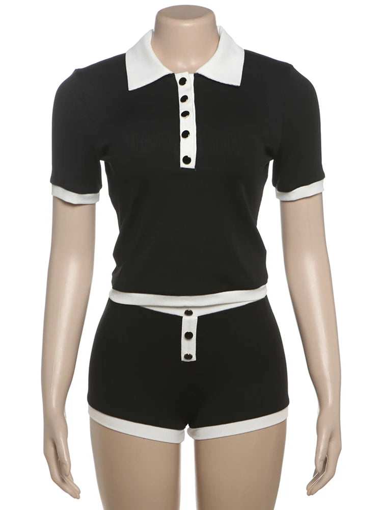 Stretch Casual 2 piece Set Women Tracksuit Hipster Polo Neck Crop Tops+Button Shorts Matching Skinny Sporty Streetwear