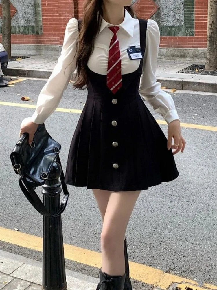 Autumn Preppy Style School Polo Shirt Dress Women Japanese Harajuku Sweet Long Sleeve Mini Short Dresses