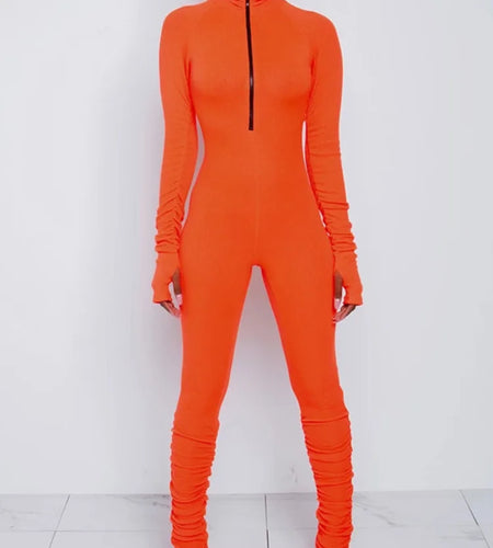 Turtleneck Zipper Skinny Jumpsuit Women Long Sleeve One Piece Neon Orange Bodysuit Female Running Fitness Outfits